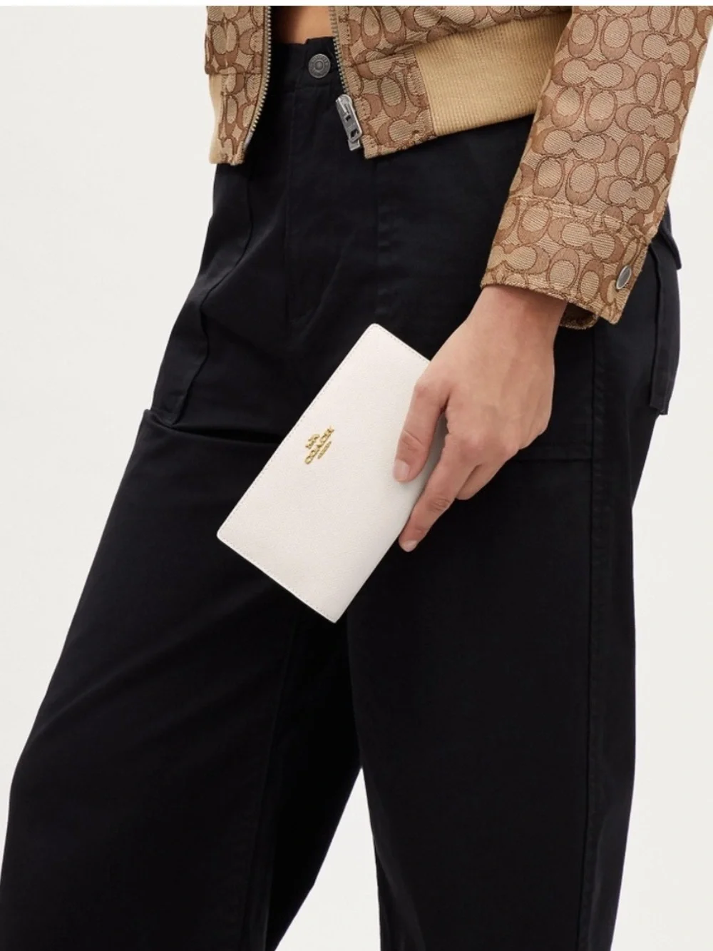 COACH Slim Pebbled Leather Wallet in White with Gold Logo